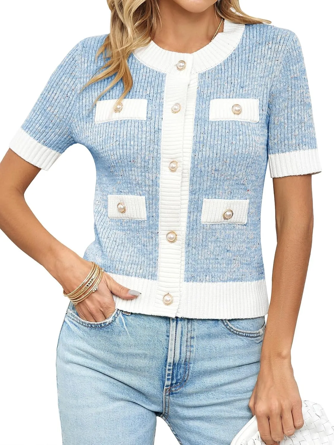 Langwyqu Womens Short Sleeve Button Down Cardigans Sweater Cropped Lightweight Crew Neck Elegant Tops