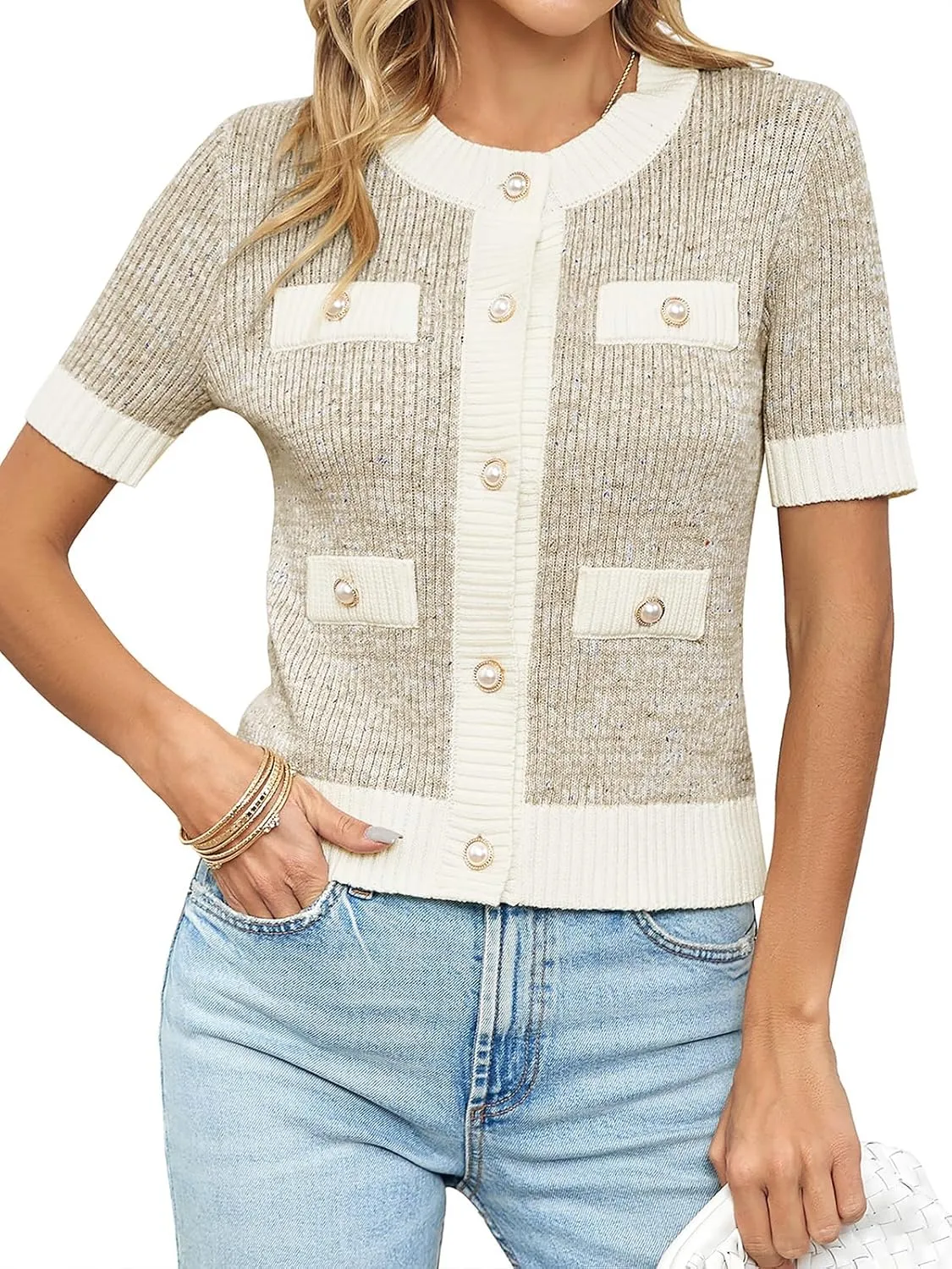 Langwyqu Womens Short Sleeve Button Down Cardigans Sweater Cropped Lightweight Crew Neck Elegant Tops