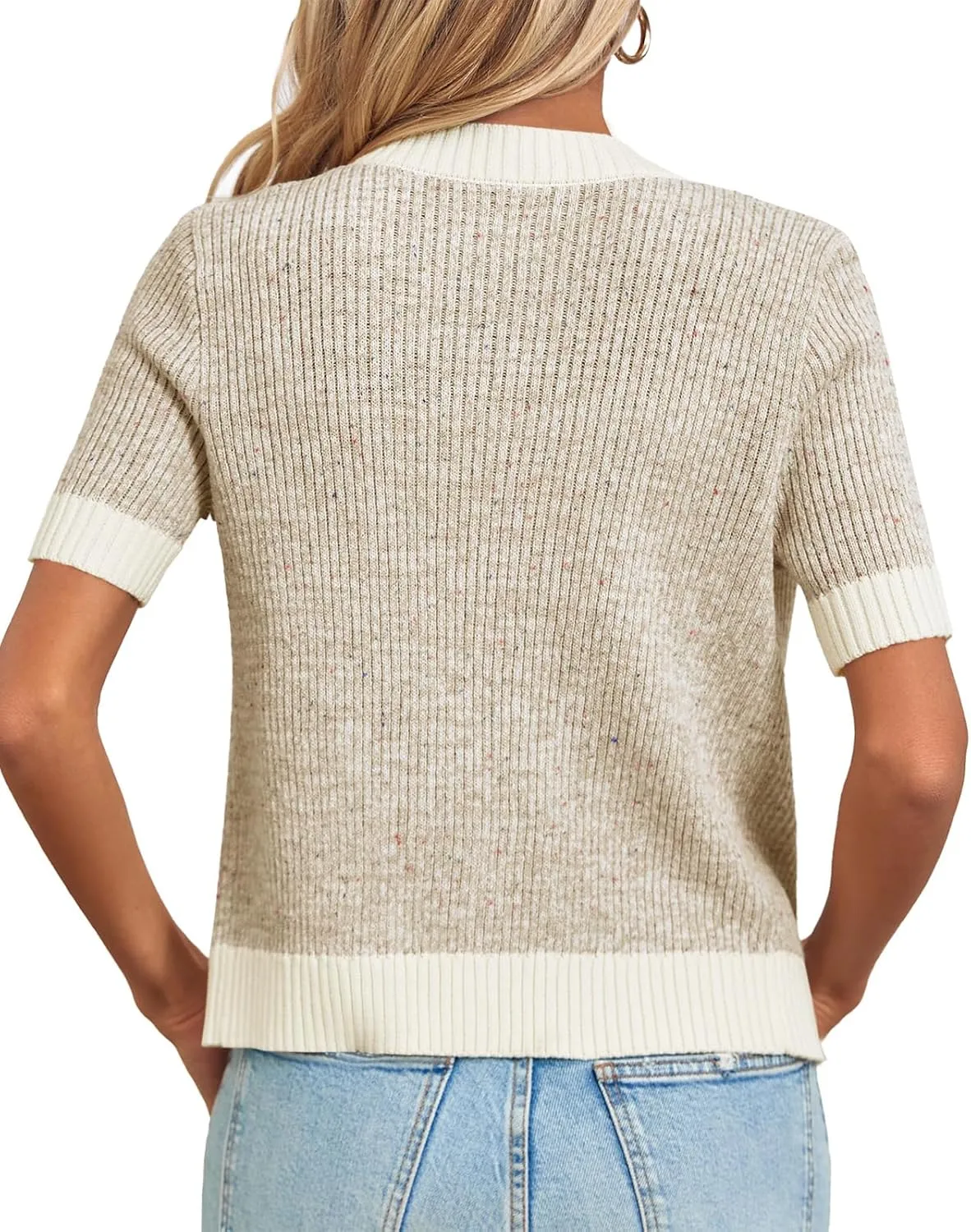 Langwyqu Womens Short Sleeve Button Down Cardigans Sweater Cropped Lightweight Crew Neck Elegant Tops