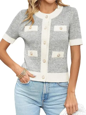 Langwyqu Womens Short Sleeve Button Down Cardigans Sweater Cropped Lightweight Crew Neck Elegant Tops
