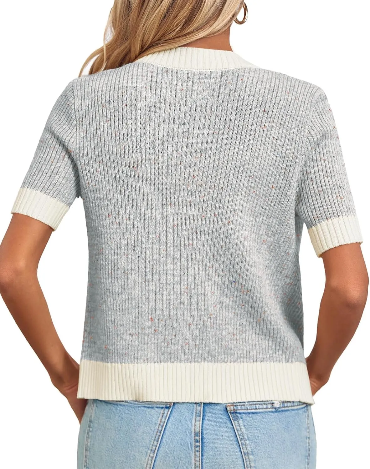 Langwyqu Womens Short Sleeve Button Down Cardigans Sweater Cropped Lightweight Crew Neck Elegant Tops