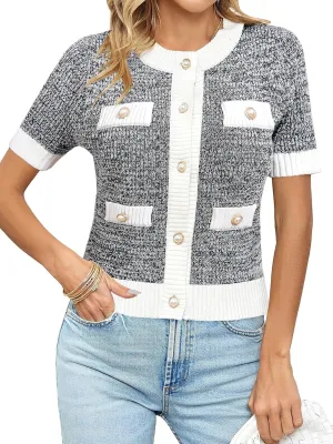 Langwyqu Womens Short Sleeve Button Down Cardigans Sweater Cropped Lightweight Crew Neck Elegant Tops