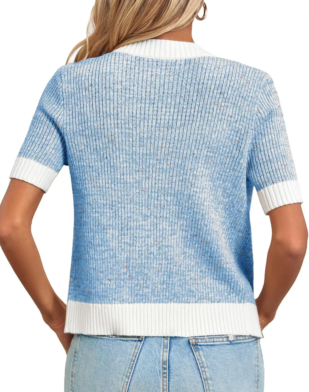 Langwyqu Womens Short Sleeve Button Down Cardigans Sweater Cropped Lightweight Crew Neck Elegant Tops