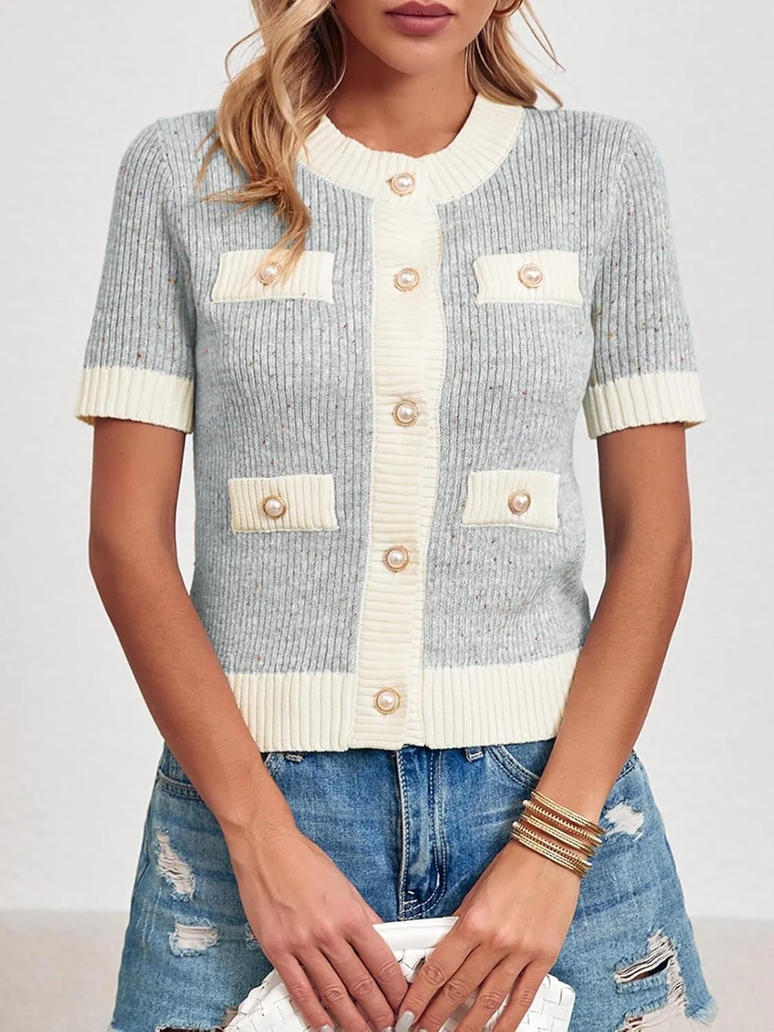 Langwyqu Womens Short Sleeve Button Down Cardigans Sweater Cropped Lightweight Crew Neck Elegant Tops
