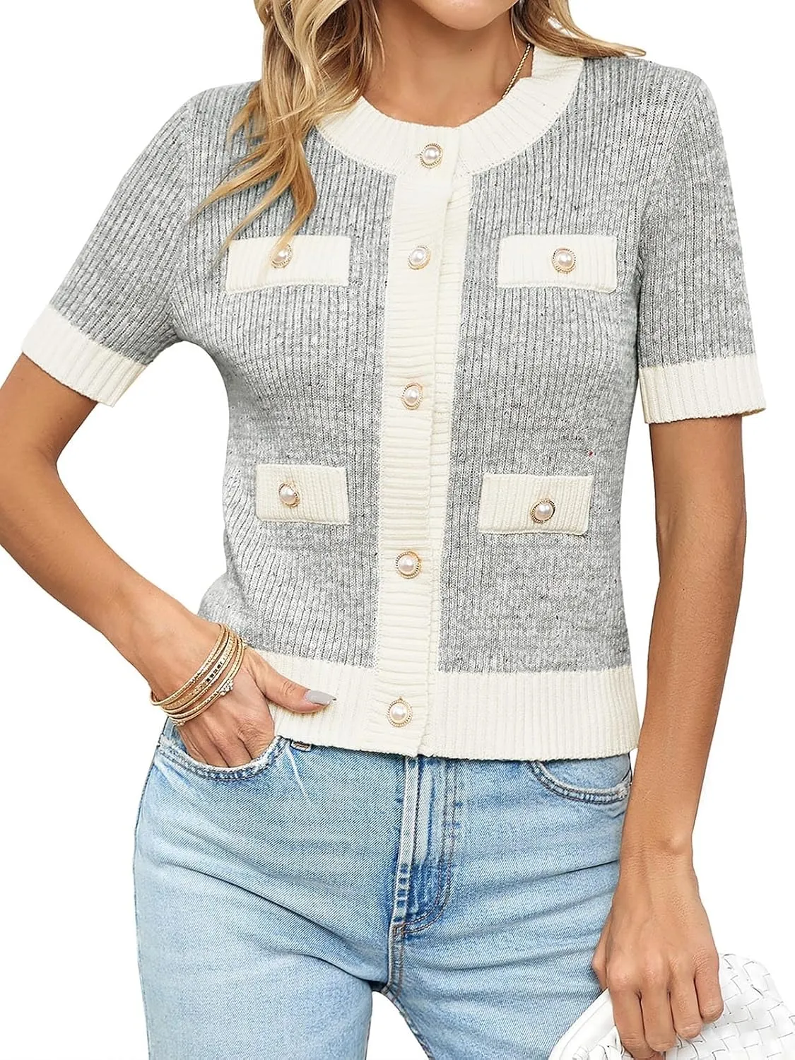 Langwyqu Womens Short Sleeve Button Down Cardigans Sweater Cropped Lightweight Crew Neck Elegant Tops