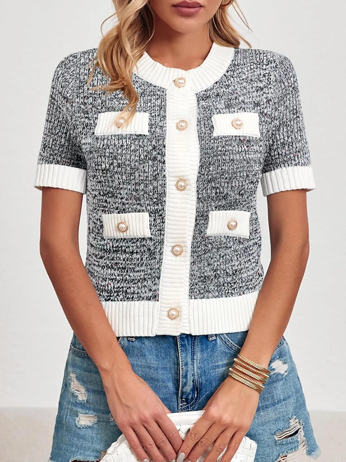 Langwyqu Womens Short Sleeve Button Down Cardigans Sweater Cropped Lightweight Crew Neck Elegant Tops