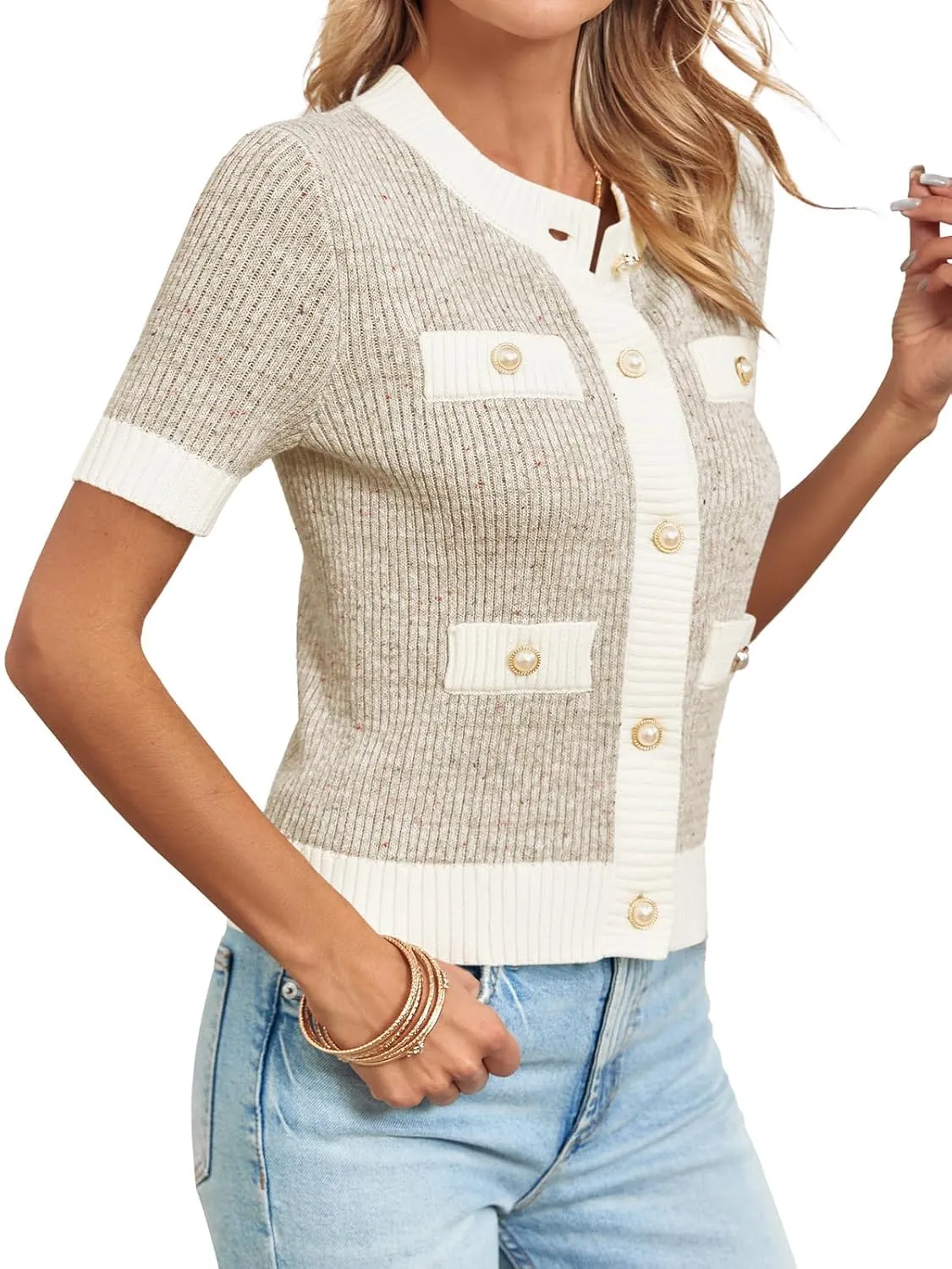 Langwyqu Womens Short Sleeve Button Down Cardigans Sweater Cropped Lightweight Crew Neck Elegant Tops