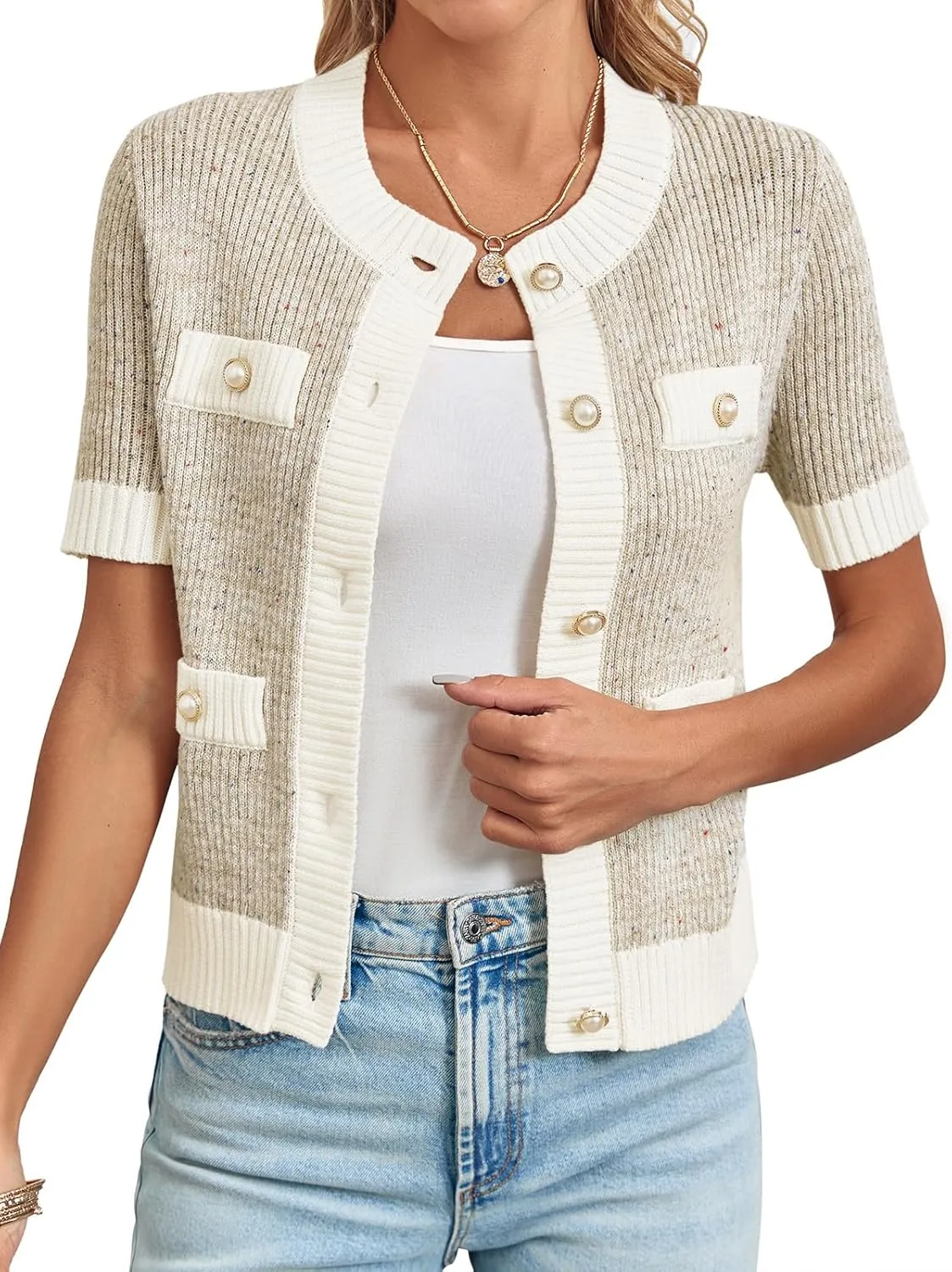 Langwyqu Womens Short Sleeve Button Down Cardigans Sweater Cropped Lightweight Crew Neck Elegant Tops