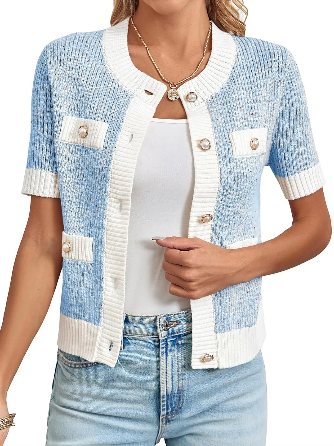 Langwyqu Womens Short Sleeve Button Down Cardigans Sweater Cropped Lightweight Crew Neck Elegant Tops