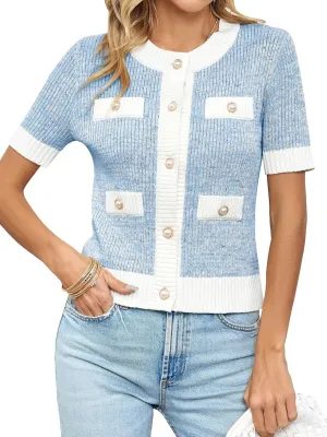 Langwyqu Womens Short Sleeve Button Down Cardigans Sweater Cropped Lightweight Crew Neck Elegant Tops