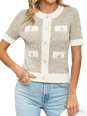 Langwyqu Womens Short Sleeve Button Down Cardigans Sweater Cropped Lightweight Crew Neck Elegant Tops