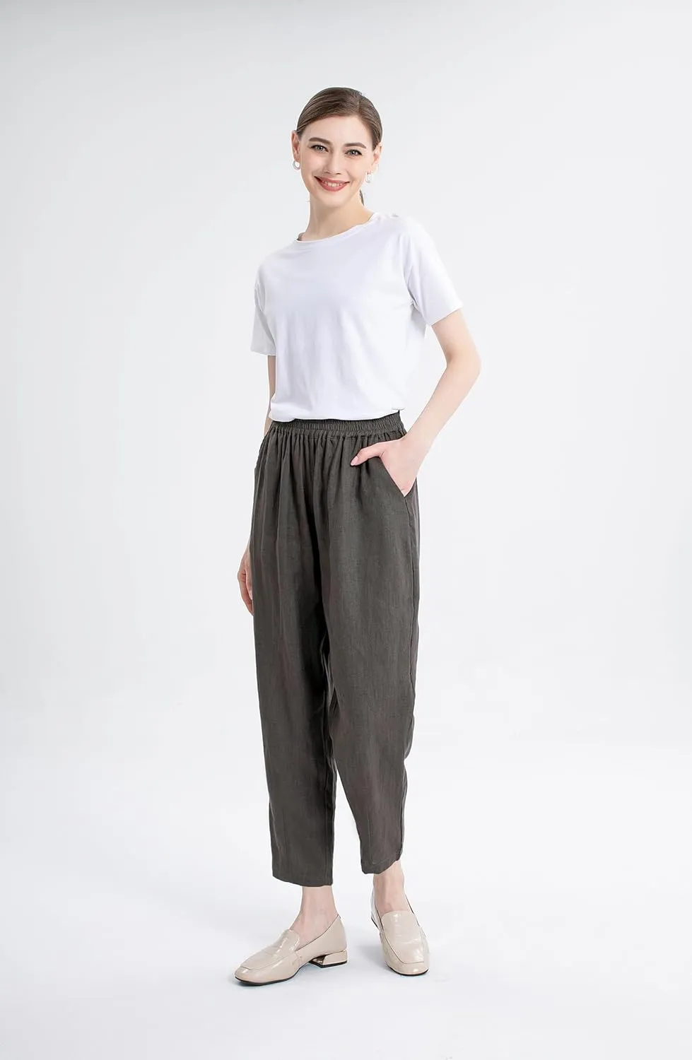LaovanIn Women's Linen Cropped Pants Tapered Ankle Capris Trousers Elastic Waist
