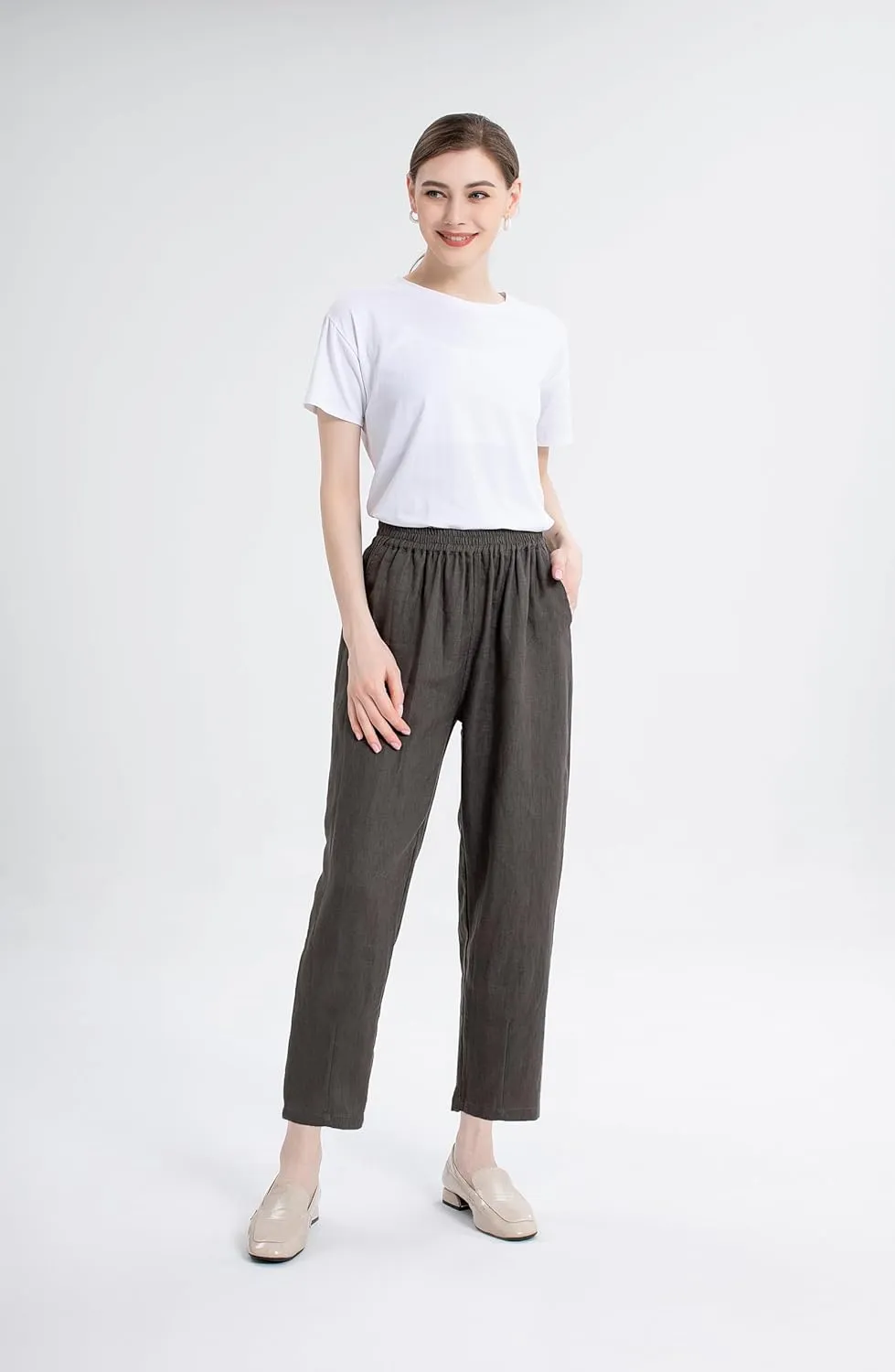 LaovanIn Women's Linen Cropped Pants Tapered Ankle Capris Trousers Elastic Waist