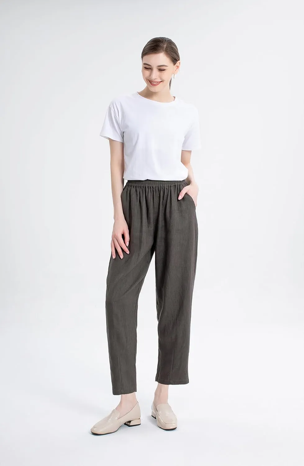LaovanIn Women's Linen Cropped Pants Tapered Ankle Capris Trousers Elastic Waist