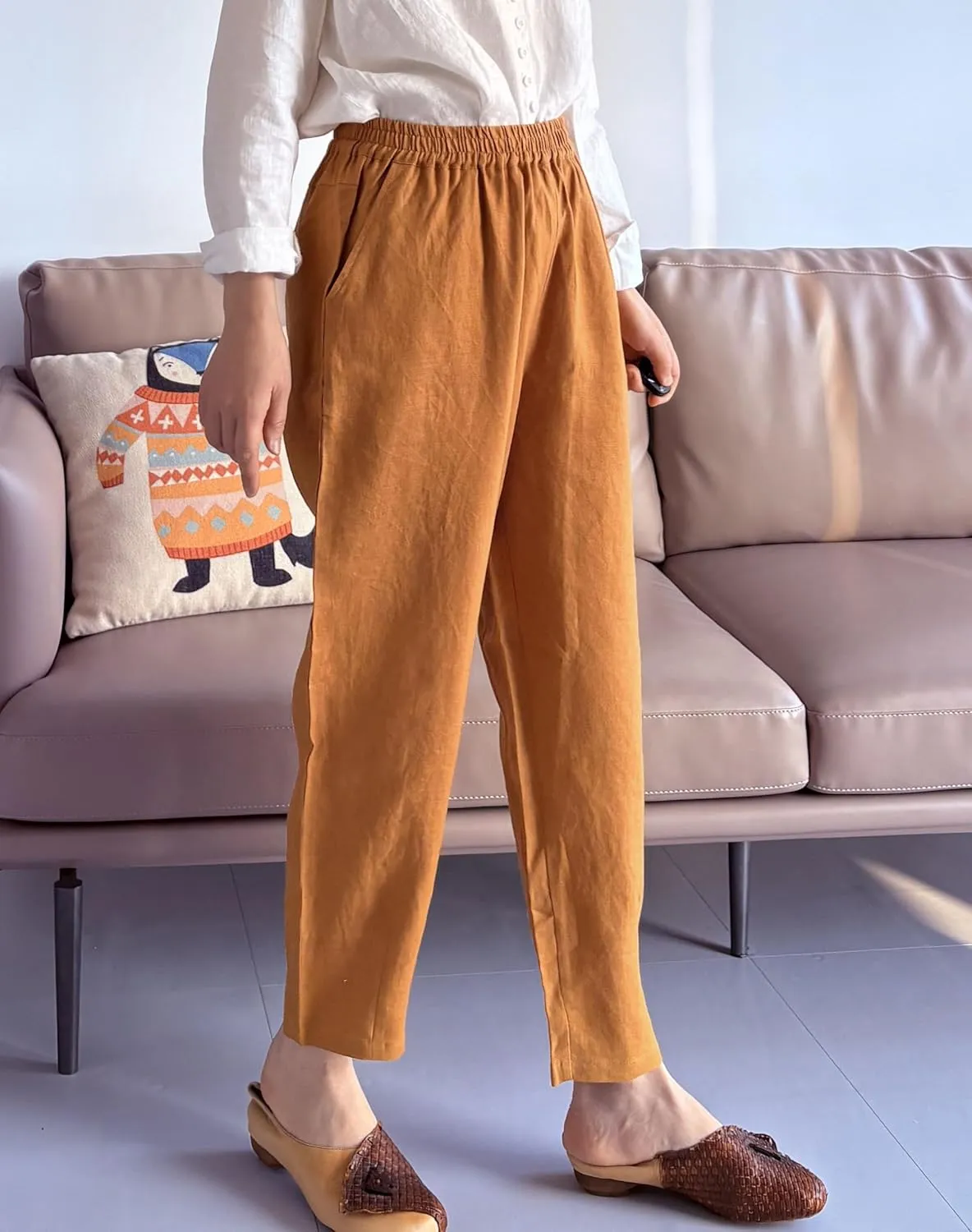 LaovanIn Women's Linen Cropped Pants Tapered Ankle Capris Trousers Elastic Waist