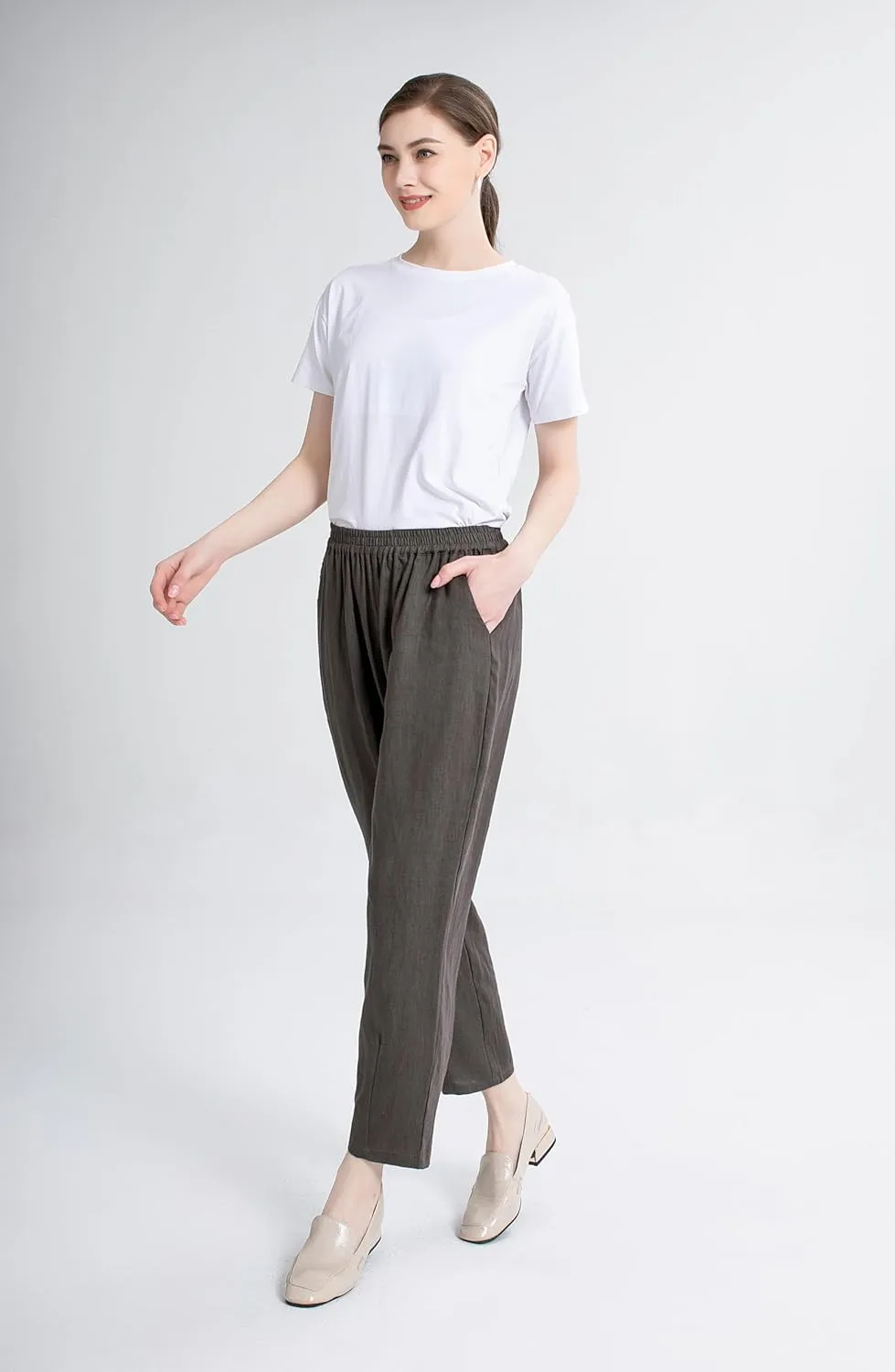LaovanIn Women's Linen Cropped Pants Tapered Ankle Capris Trousers Elastic Waist