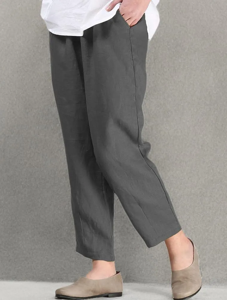 LaovanIn Women's Linen Cropped Pants Tapered Ankle Capris Trousers Elastic Waist