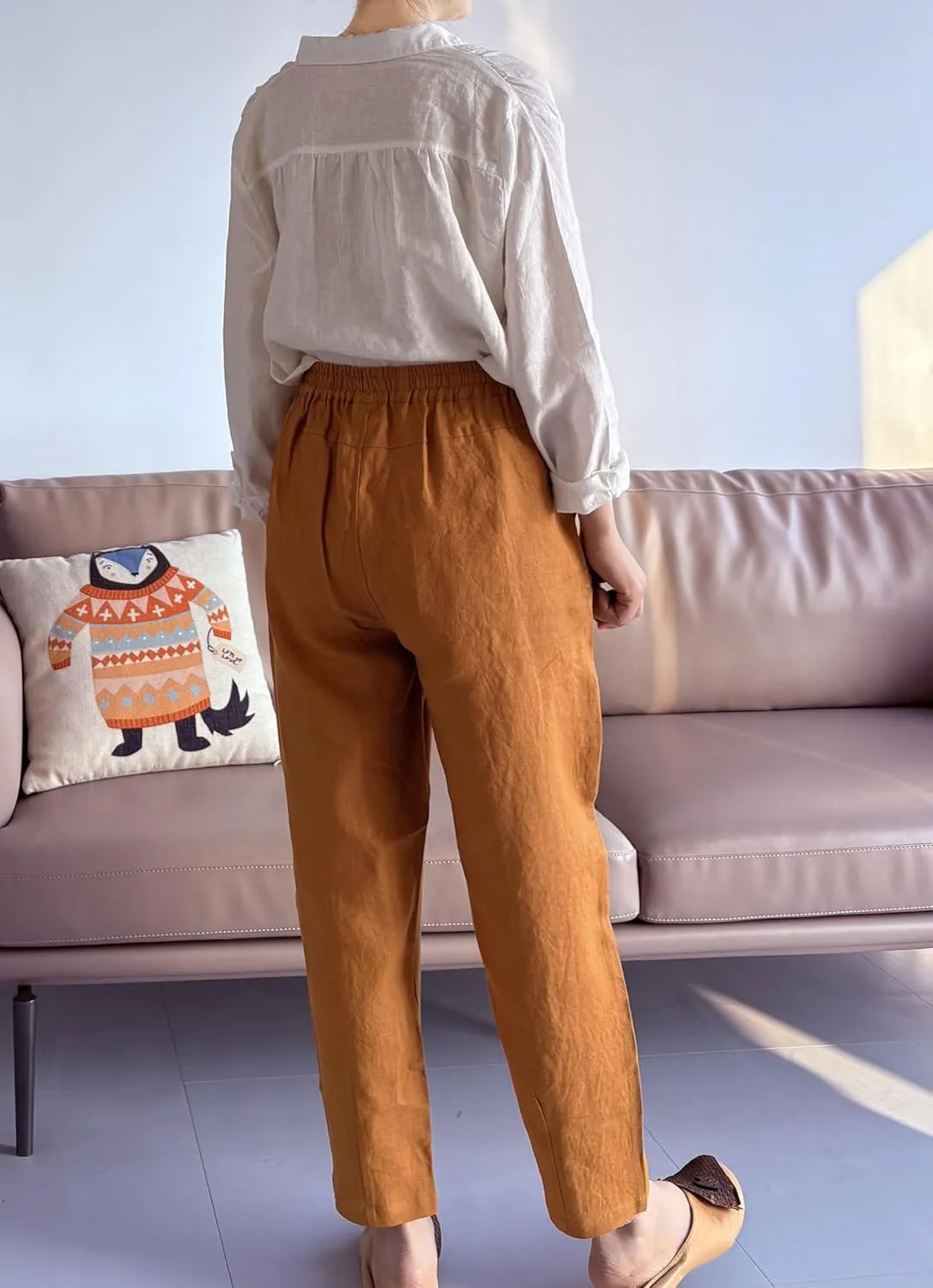 LaovanIn Women's Linen Cropped Pants Tapered Ankle Capris Trousers Elastic Waist