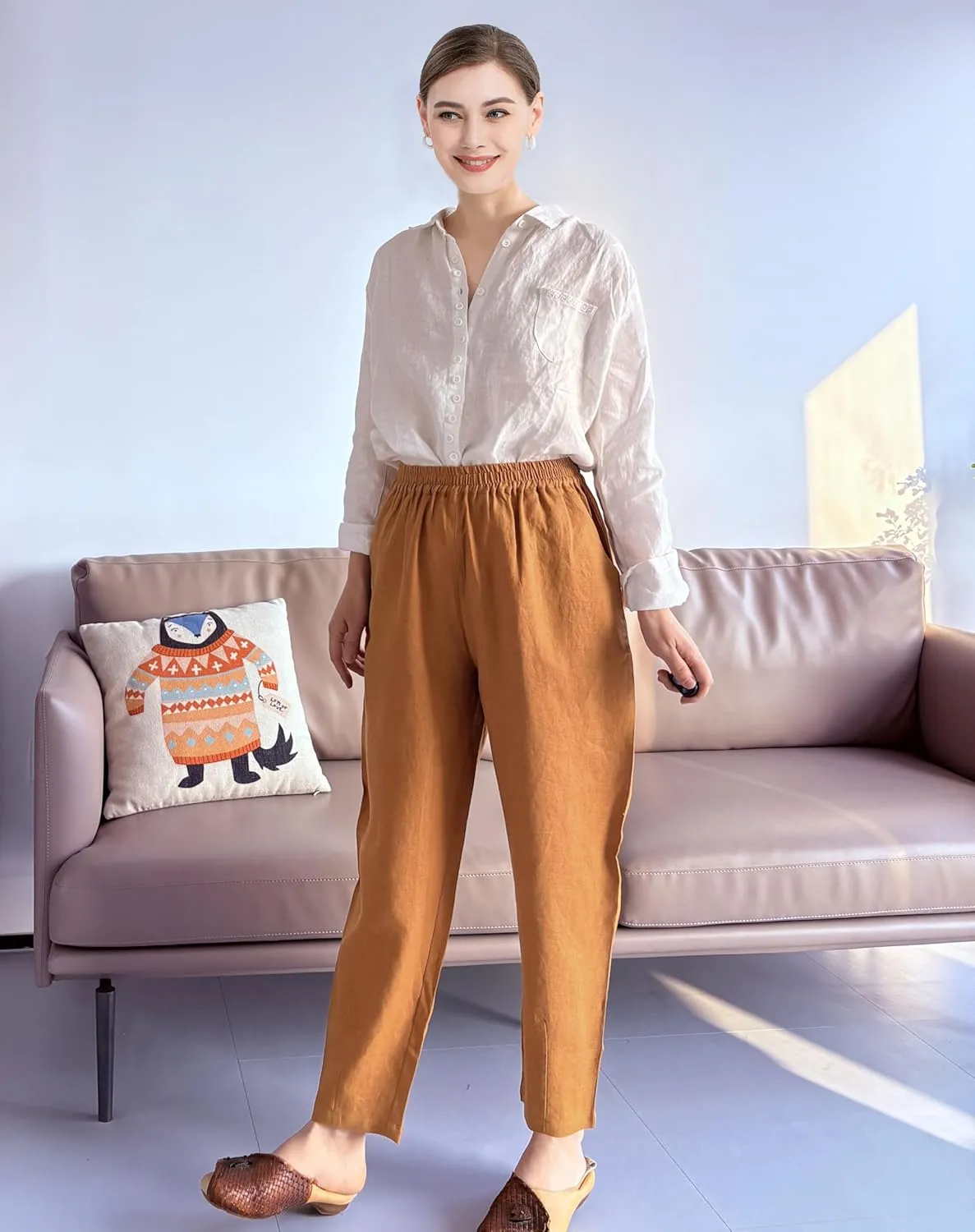 LaovanIn Women's Linen Cropped Pants Tapered Ankle Capris Trousers Elastic Waist