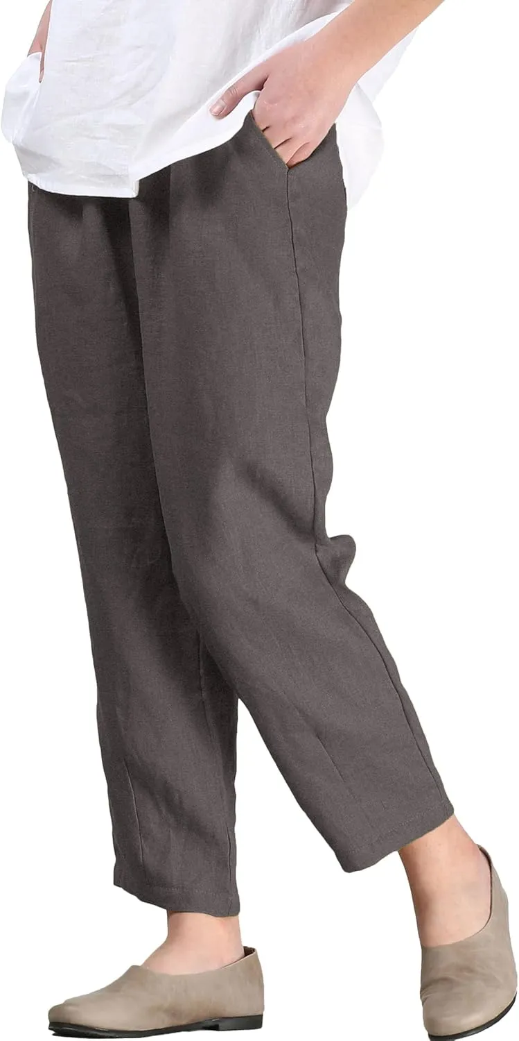 LaovanIn Women's Linen Cropped Pants Tapered Ankle Capris Trousers Elastic Waist