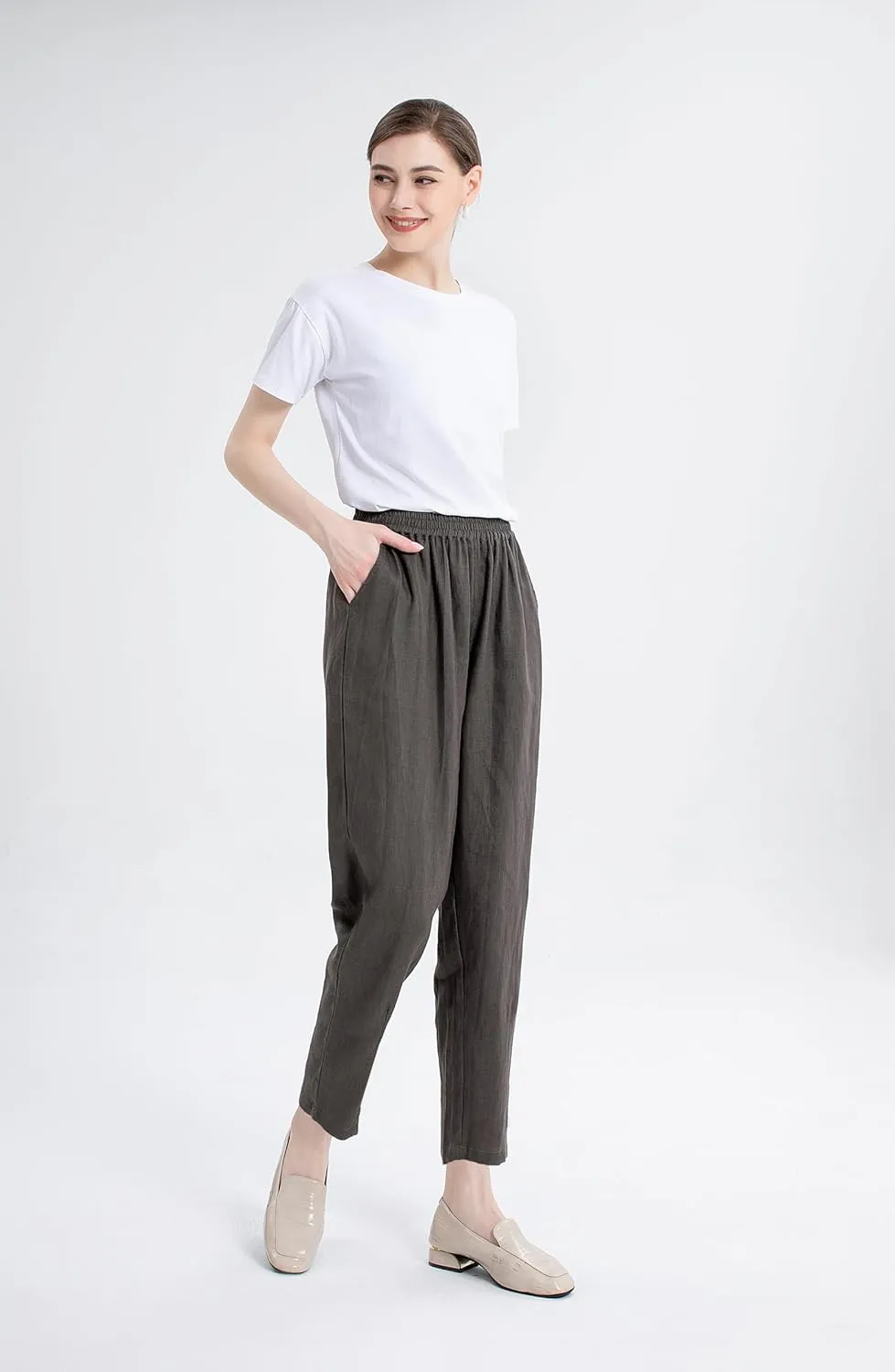 LaovanIn Women's Linen Cropped Pants Tapered Ankle Capris Trousers Elastic Waist