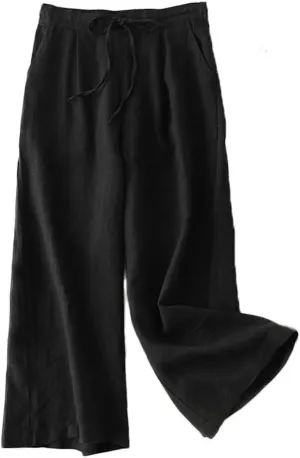LaovanIn Women's Wide Leg Palazzo Pants Linen Drawstring Cropped Pants Trousers Culottes