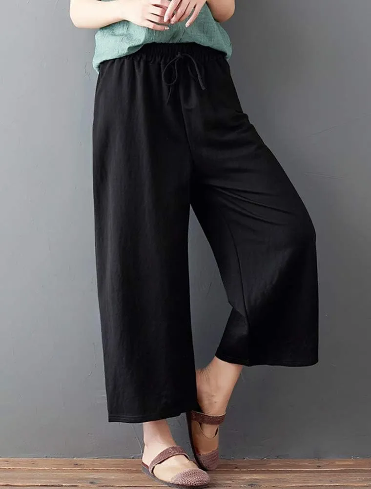 LaovanIn Women's Wide Leg Palazzo Pants Linen Drawstring Cropped Pants Trousers Culottes
