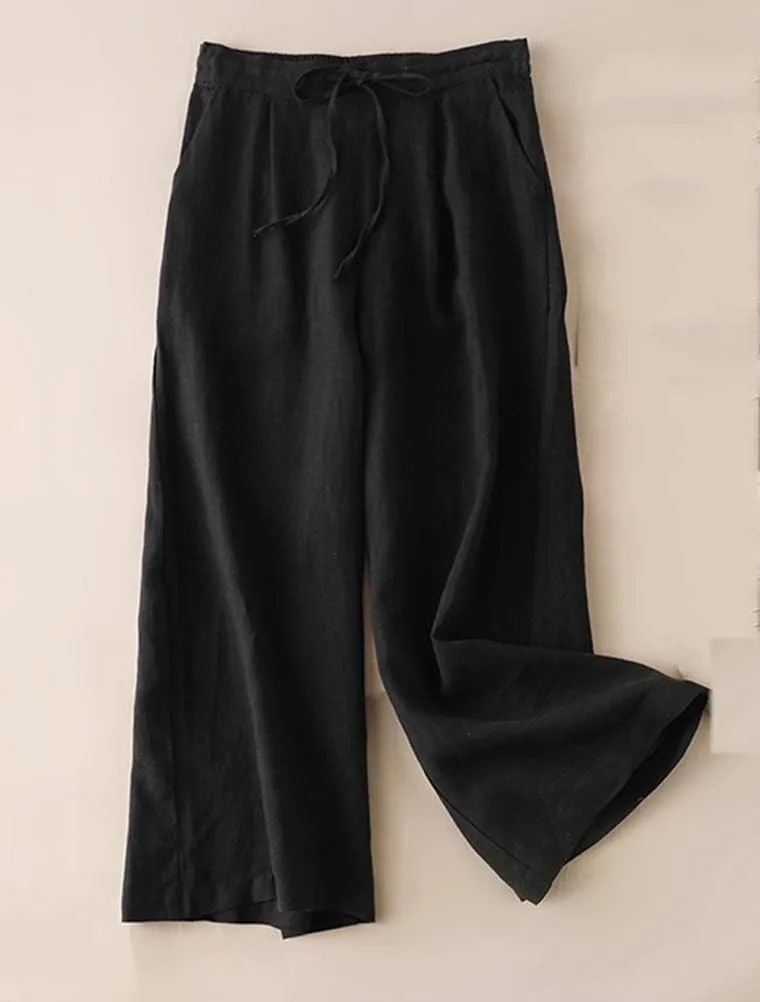 LaovanIn Women's Wide Leg Palazzo Pants Linen Drawstring Cropped Pants Trousers Culottes