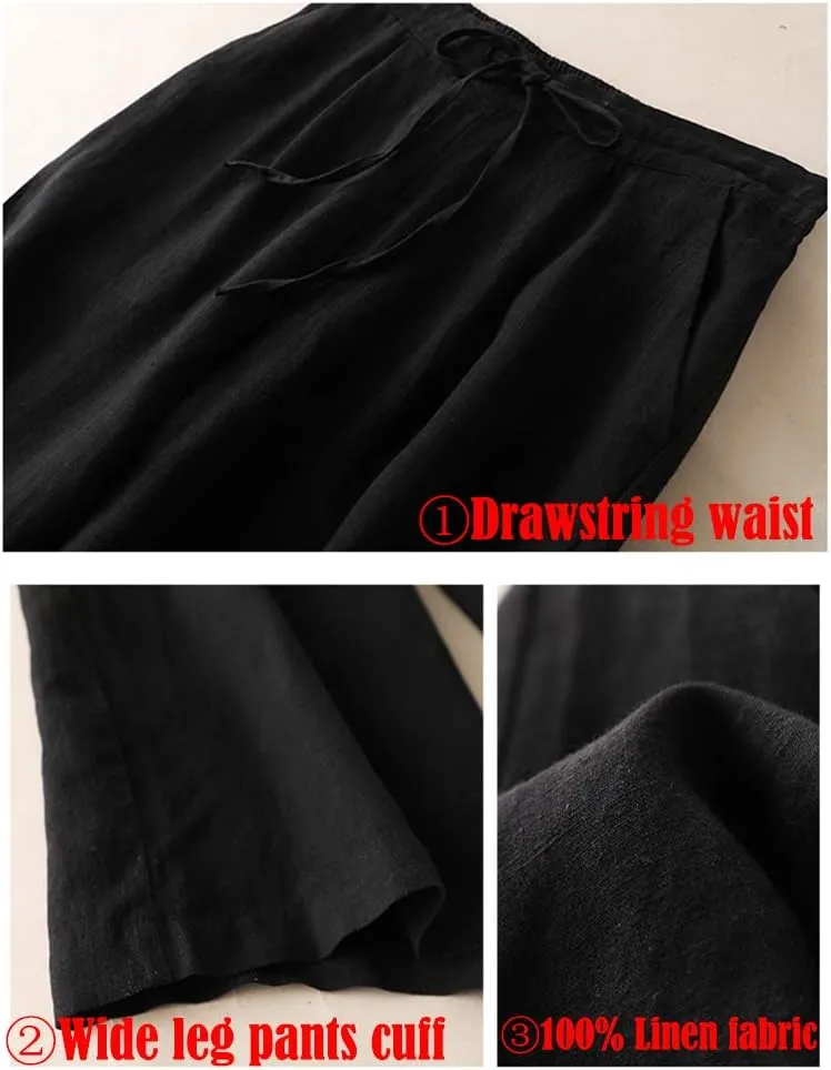 LaovanIn Women's Wide Leg Palazzo Pants Linen Drawstring Cropped Pants Trousers Culottes
