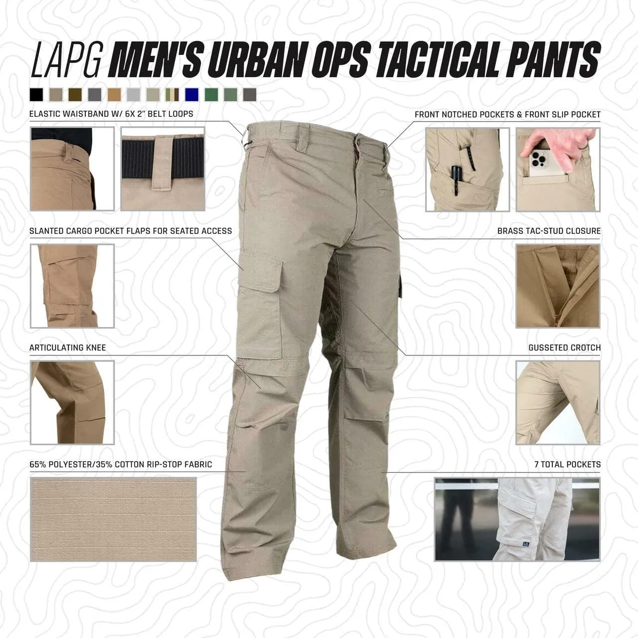 LAPG Men's Urban Ops Tactical Pants, Gusseted Crotch Cargo Pants, Ripstop Work Pants, Water & Stain Resistant Pants for Men