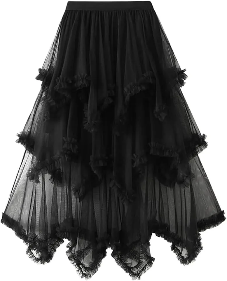 Layered Tulle Long Skirt Korean Fashion Mesh Gauze High Waist Skirt Frill Trim Ruffle Pleated Skirt for Women