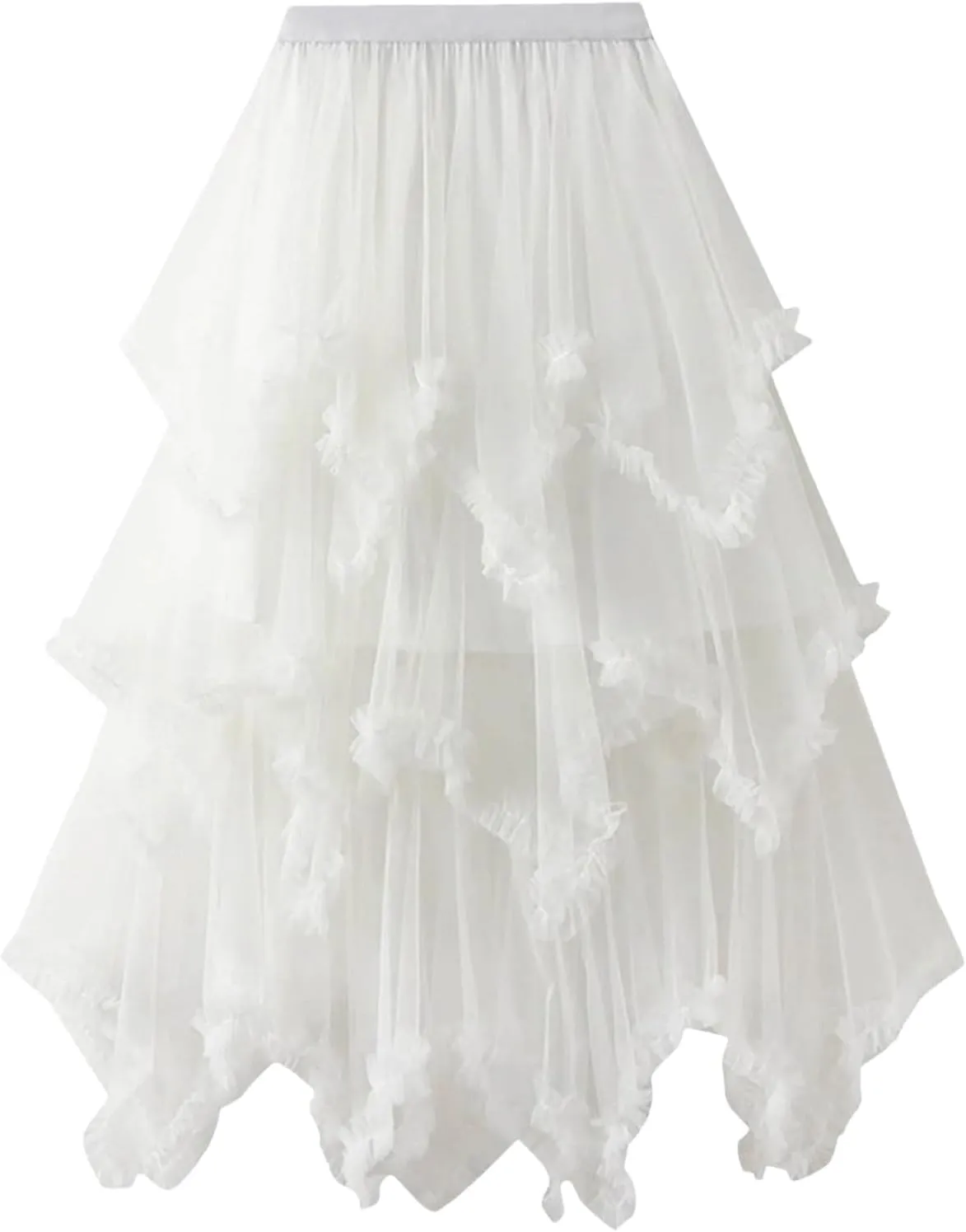 Layered Tulle Long Skirt Korean Fashion Mesh Gauze High Waist Skirt Frill Trim Ruffle Pleated Skirt for Women