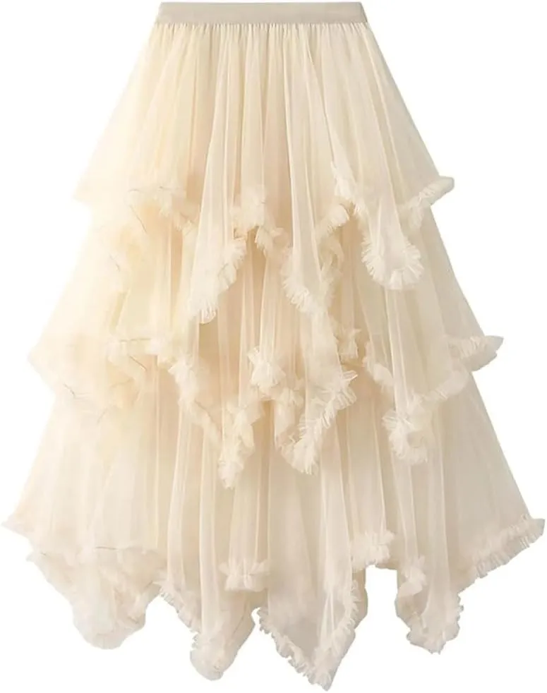 Layered Tulle Long Skirt Korean Fashion Mesh Gauze High Waist Skirt Frill Trim Ruffle Pleated Skirt for Women