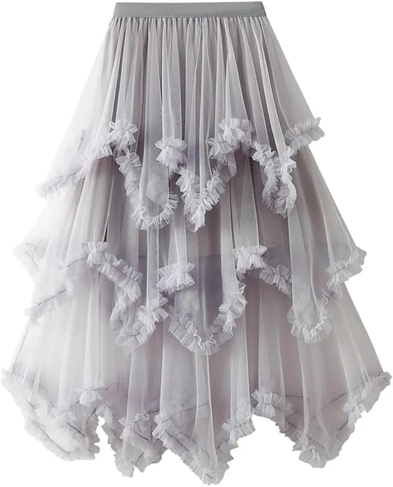 Layered Tulle Long Skirt Korean Fashion Mesh Gauze High Waist Skirt Frill Trim Ruffle Pleated Skirt for Women