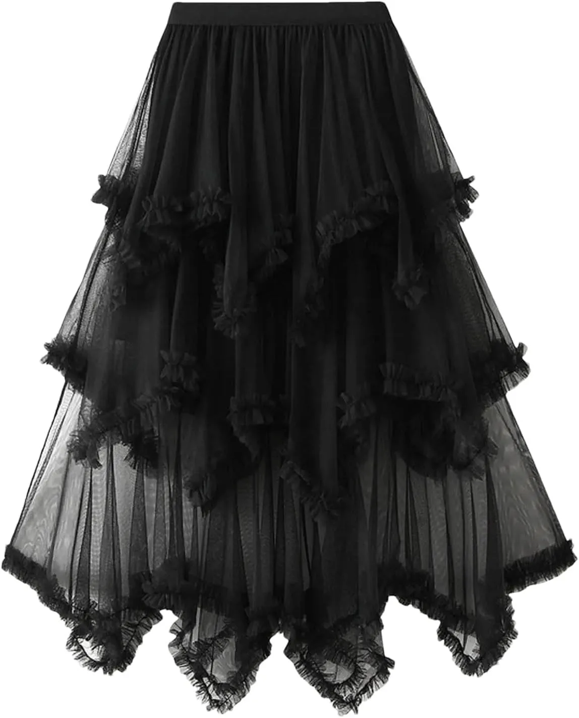 Layered Tulle Long Skirt Korean Fashion Mesh Gauze High Waist Skirt Frill Trim Ruffle Pleated Skirt for Women
