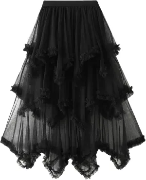 Layered Tulle Long Skirt Korean Fashion Mesh Gauze High Waist Skirt Frill Trim Ruffle Pleated Skirt for Women