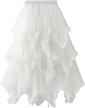 Layered Tulle Long Skirt Korean Fashion Mesh Gauze High Waist Skirt Frill Trim Ruffle Pleated Skirt for Women