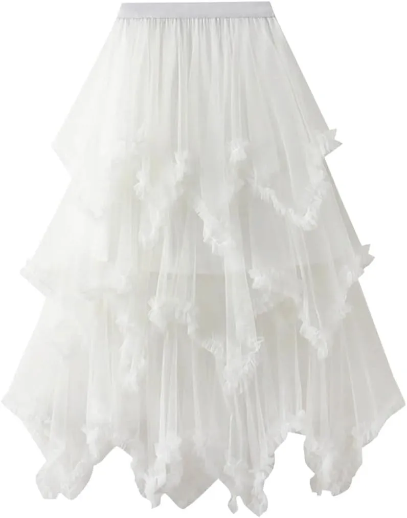Layered Tulle Long Skirt Korean Fashion Mesh Gauze High Waist Skirt Frill Trim Ruffle Pleated Skirt for Women