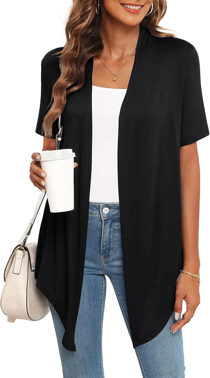 Lightweight Summer 3/4 Sleeve Cardigan for Women Trendy Casual Draped Tie Front Cardigans Fall Shrugs High Low Hem