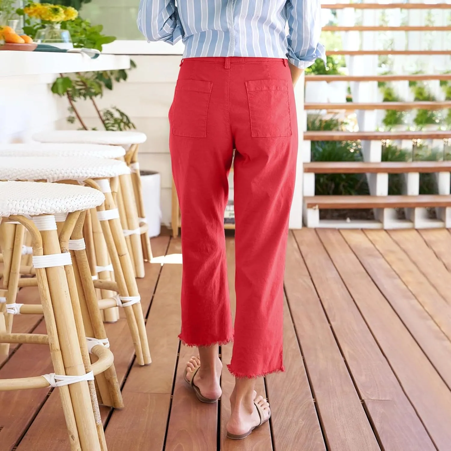 Linen Capri Pants Women High Waisted Straight Leg Cropped Work Pants Business Casual Raw Hem Ankle Pants with Pockets