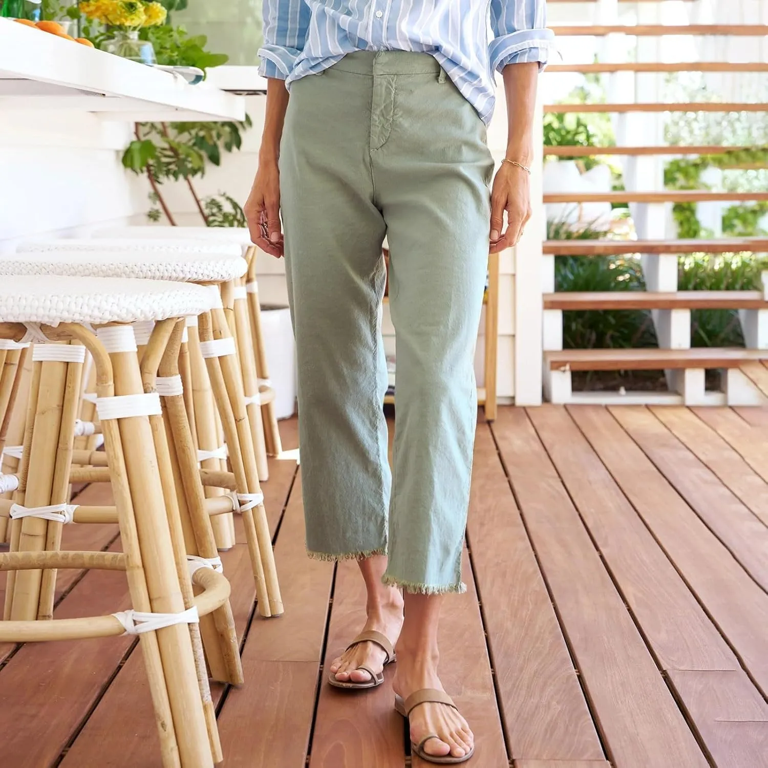 Linen Capri Pants Women High Waisted Straight Leg Cropped Work Pants Business Casual Raw Hem Ankle Pants with Pockets