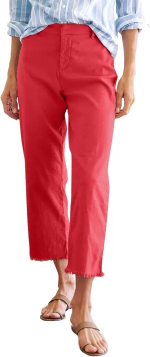 Linen Capri Pants Women High Waisted Straight Leg Cropped Work Pants Business Casual Raw Hem Ankle Pants with Pockets