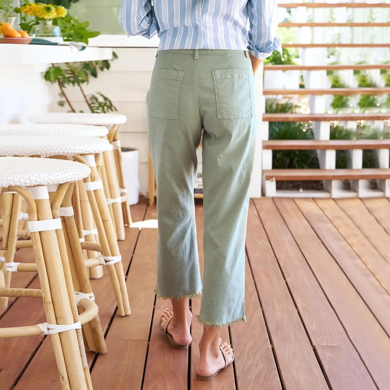 Linen Capri Pants Women High Waisted Straight Leg Cropped Work Pants Business Casual Raw Hem Ankle Pants with Pockets