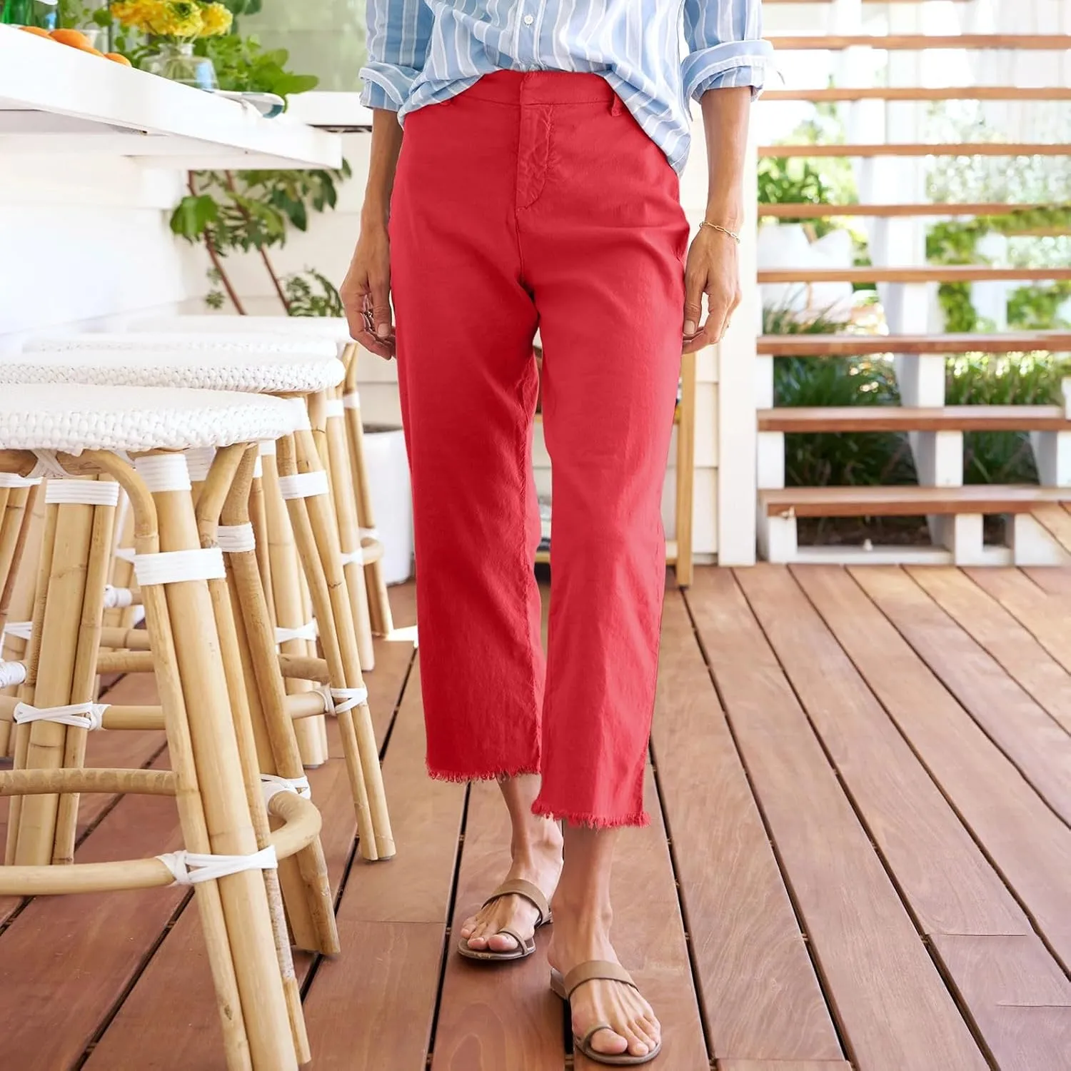 Linen Capri Pants Women High Waisted Straight Leg Cropped Work Pants Business Casual Raw Hem Ankle Pants with Pockets