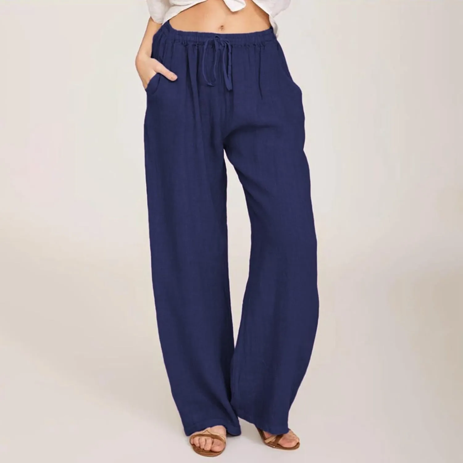 Linen Drawstring Pants Women 2025 Baggy Y2K Summer Stretchy Boho Beach Pants Relaxed Loose Fit Elastic Lightweight Trousers