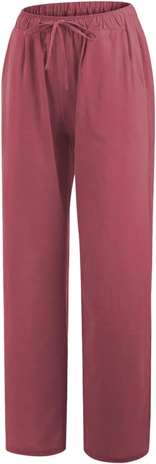 Linen Drawstring Pants Women 2025 Baggy Y2K Summer Stretchy Boho Beach Pants Relaxed Loose Fit Elastic Lightweight Trousers