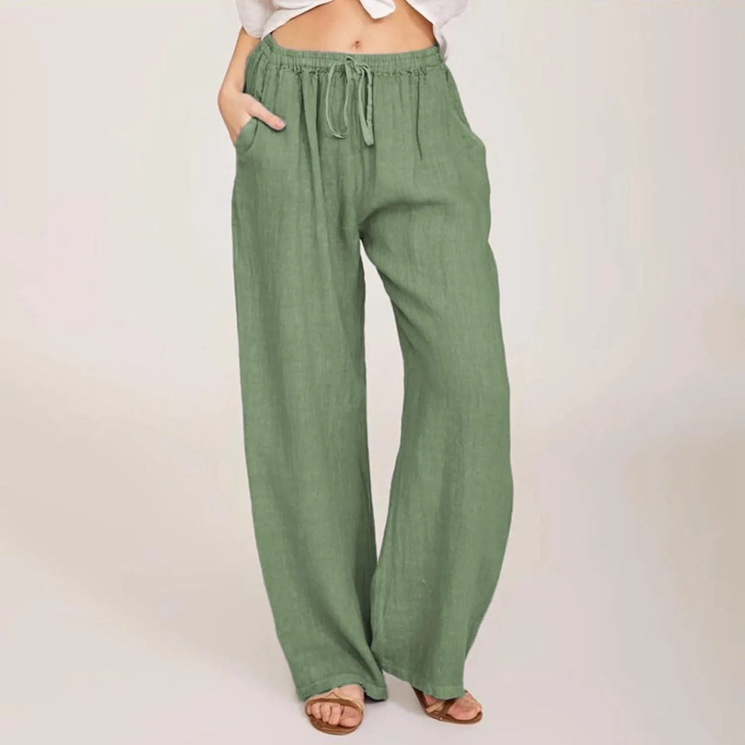 Linen Drawstring Pants Women 2025 Baggy Y2K Summer Stretchy Boho Beach Pants Relaxed Loose Fit Elastic Lightweight Trousers