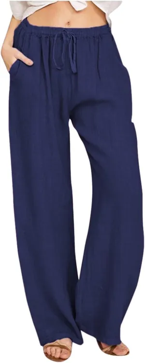 Linen Drawstring Pants Women 2025 Baggy Y2K Summer Stretchy Boho Beach Pants Relaxed Loose Fit Elastic Lightweight Trousers