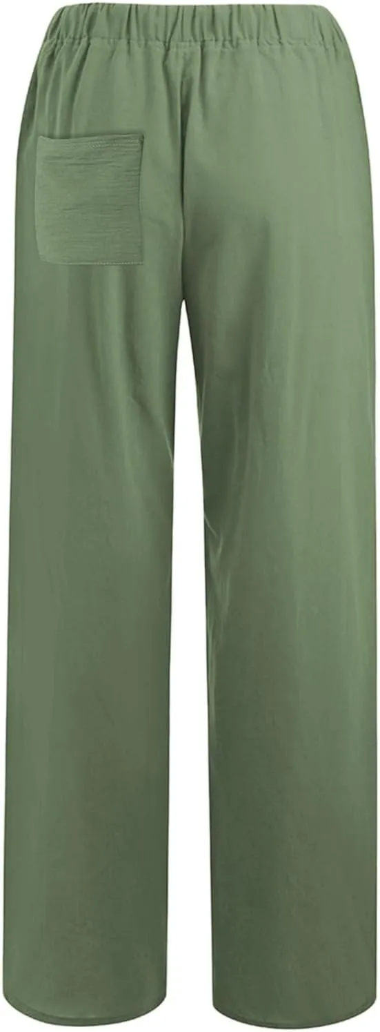 Linen Drawstring Pants Women 2025 Baggy Y2K Summer Stretchy Boho Beach Pants Relaxed Loose Fit Elastic Lightweight Trousers