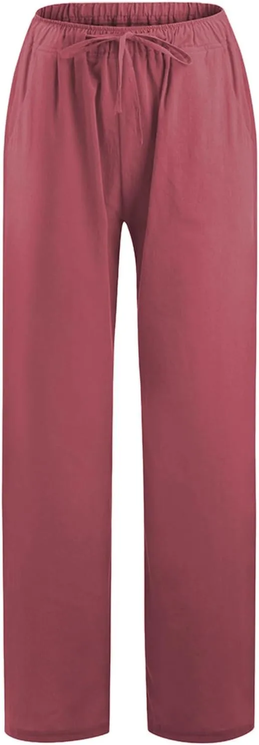 Linen Drawstring Pants Women 2025 Baggy Y2K Summer Stretchy Boho Beach Pants Relaxed Loose Fit Elastic Lightweight Trousers